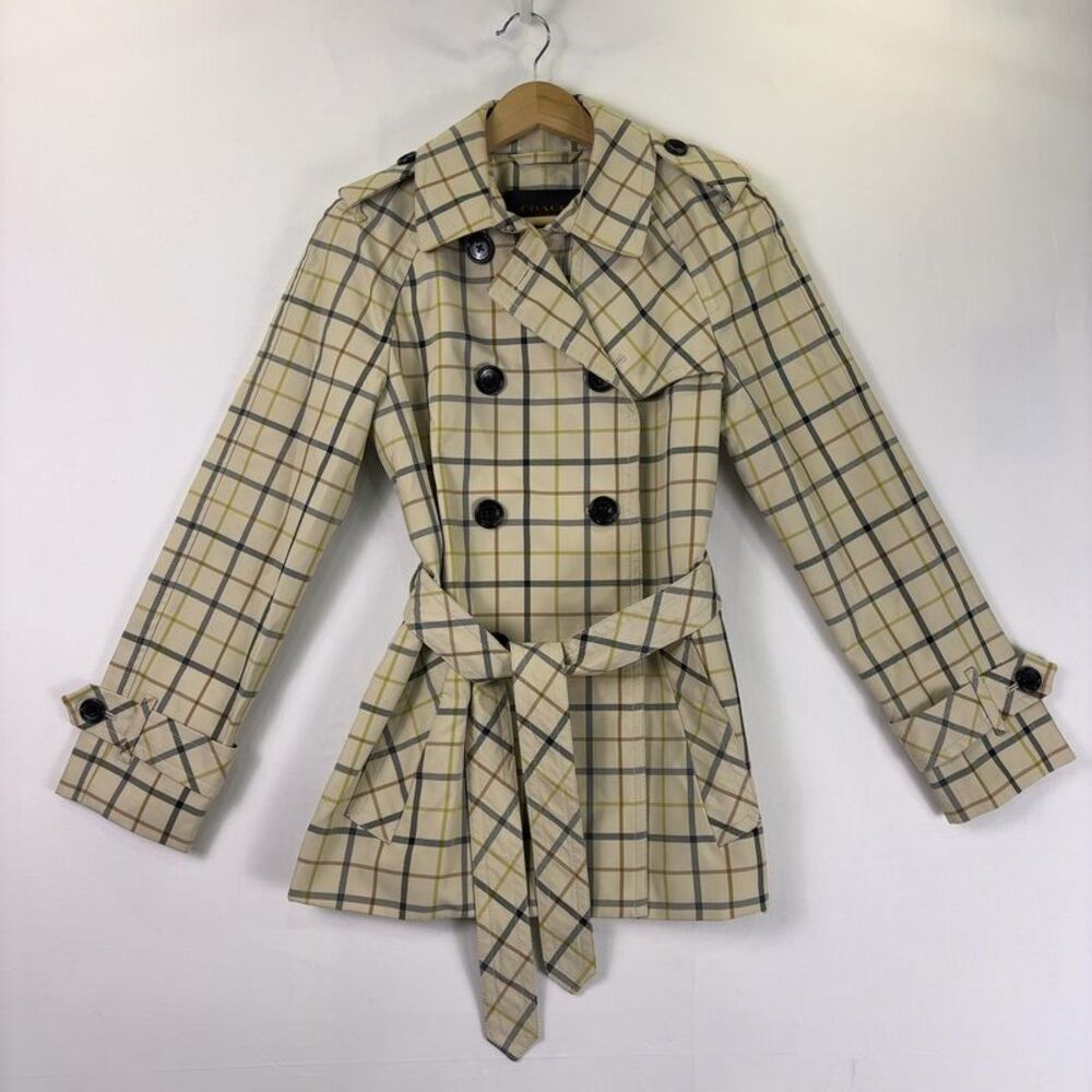 Coach Women's Tattersall Plaid Belted Short Classic Lined Trench Coat